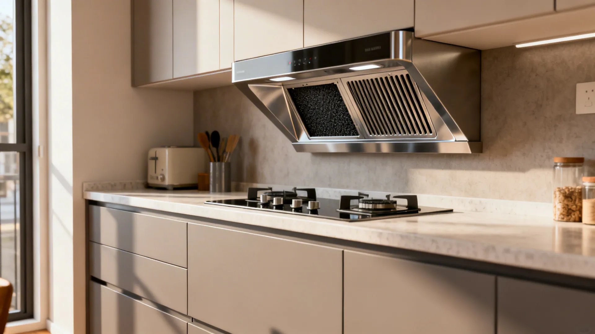 Small condo kitchen with a deep-capture recirculating range hood and clean cabinetry.