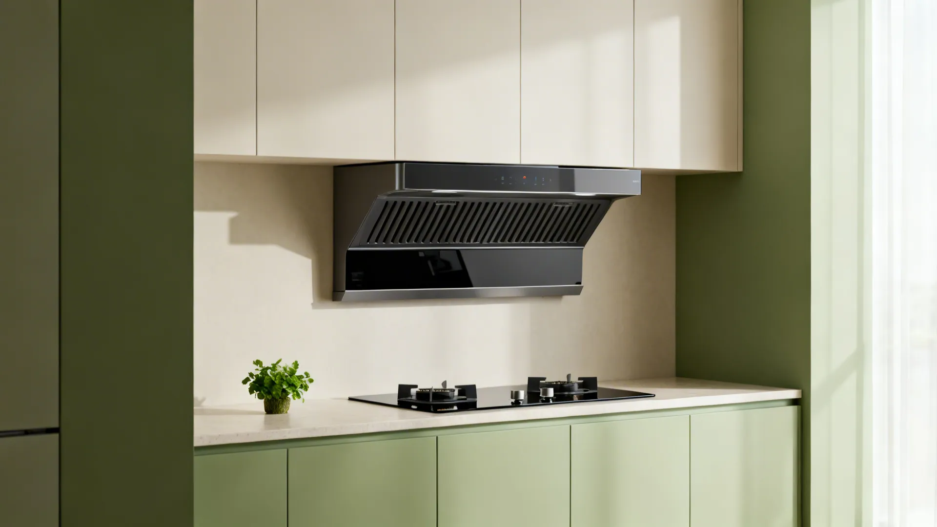 Small apartment kitchen with a modern recirculating hood and induction cooktop in soft daylight.