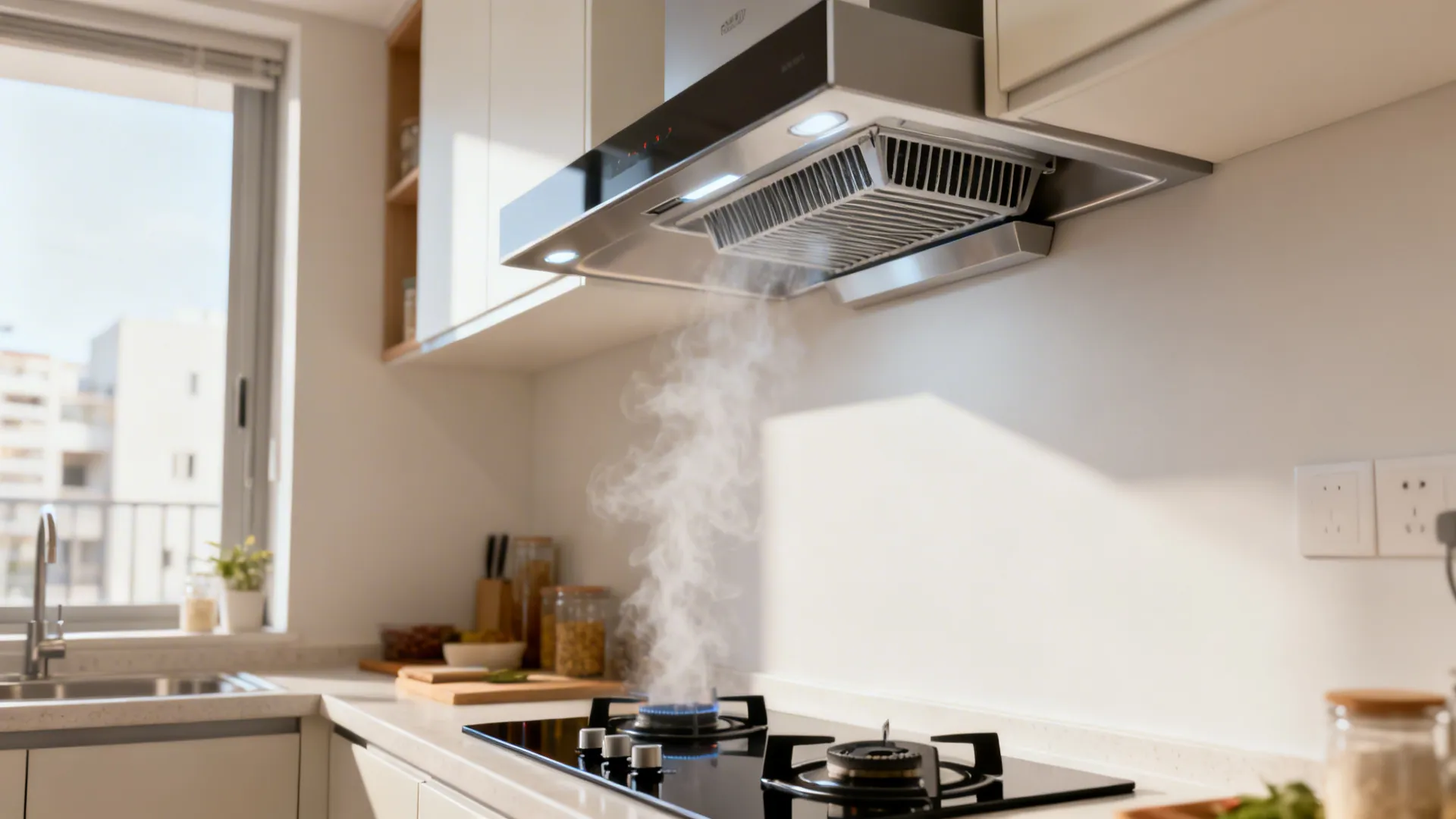 Sleek recirculating range hood with charcoal filters in a small condo kitchen.