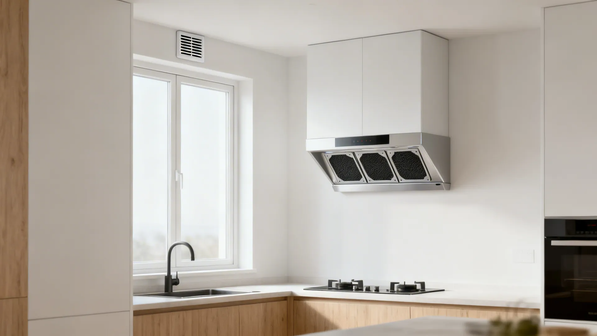 Compact kitchen with a recirculating hood and a discreet trickle vent by the window.