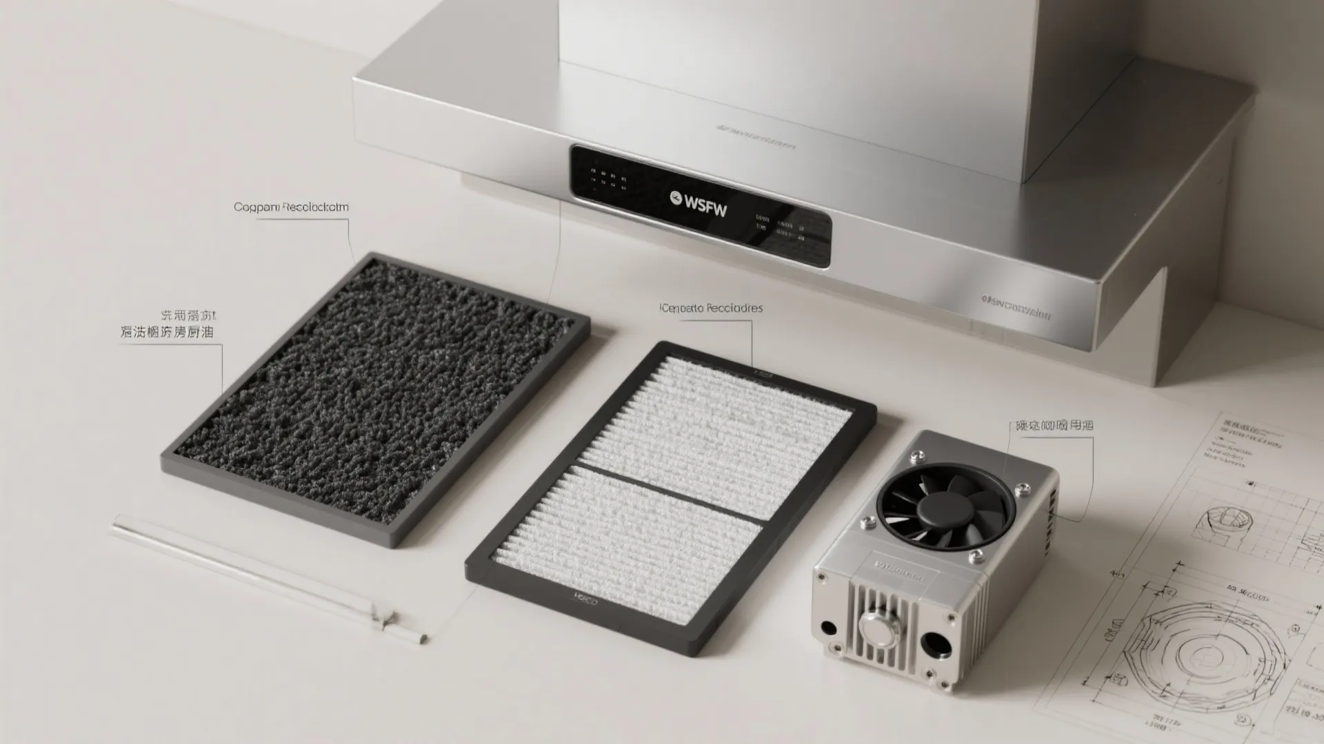 Kitchen range hood parts including filters and fan motor displayed next to an interior drawing