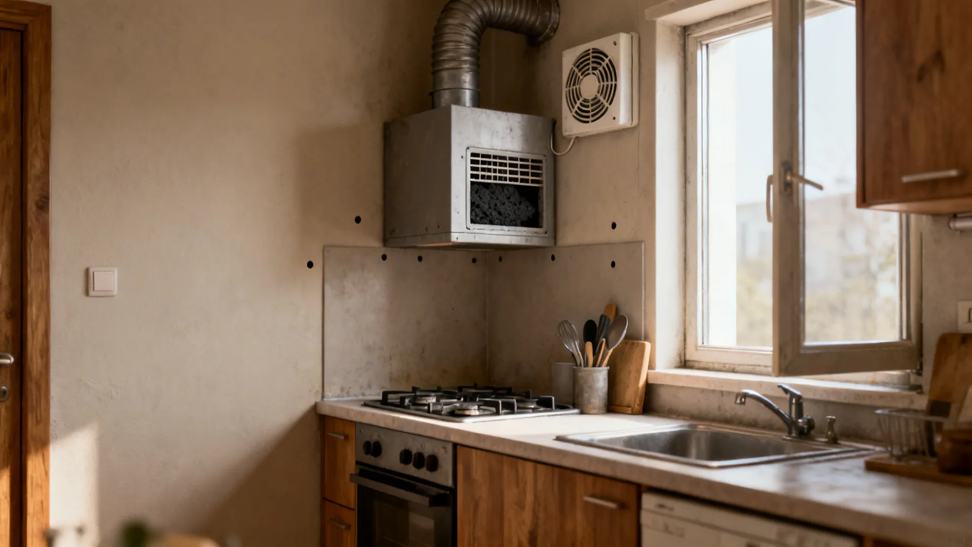 Recirculating chimney in a small rental kitchen with a window exhaust fan for support.