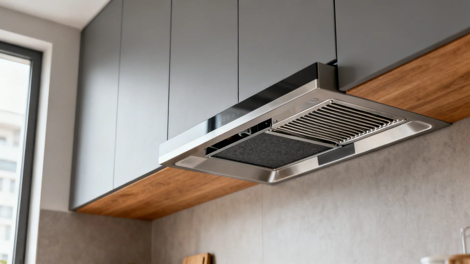 Ductless recirculating range hood with charcoal and metal baffle filters in a small condo kitchen.