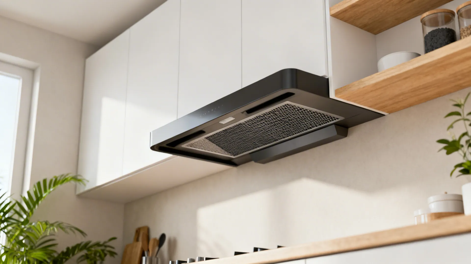 Compact kitchen with a slim recirculating hood featuring a deep canopy and charcoal filters.