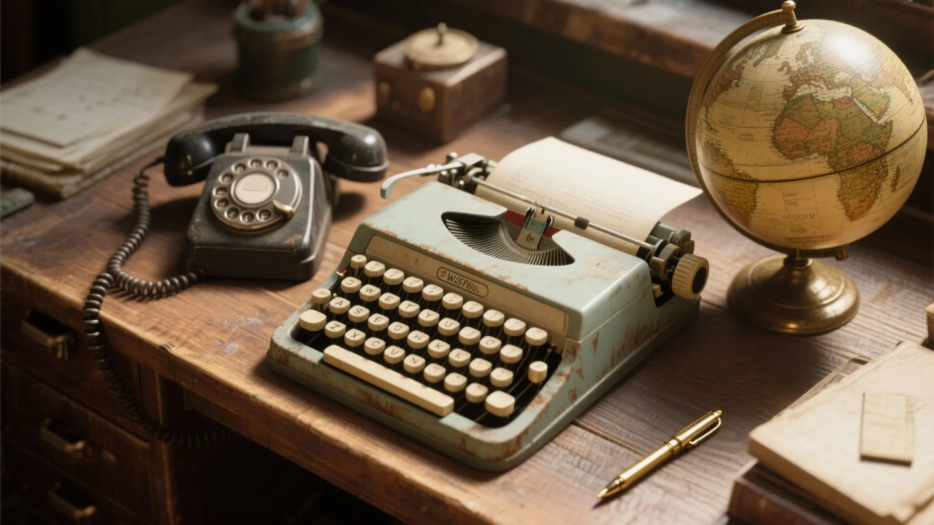 Vintage blue typewriter with old rotary phone globe and gold pen on rustic wooden desk
