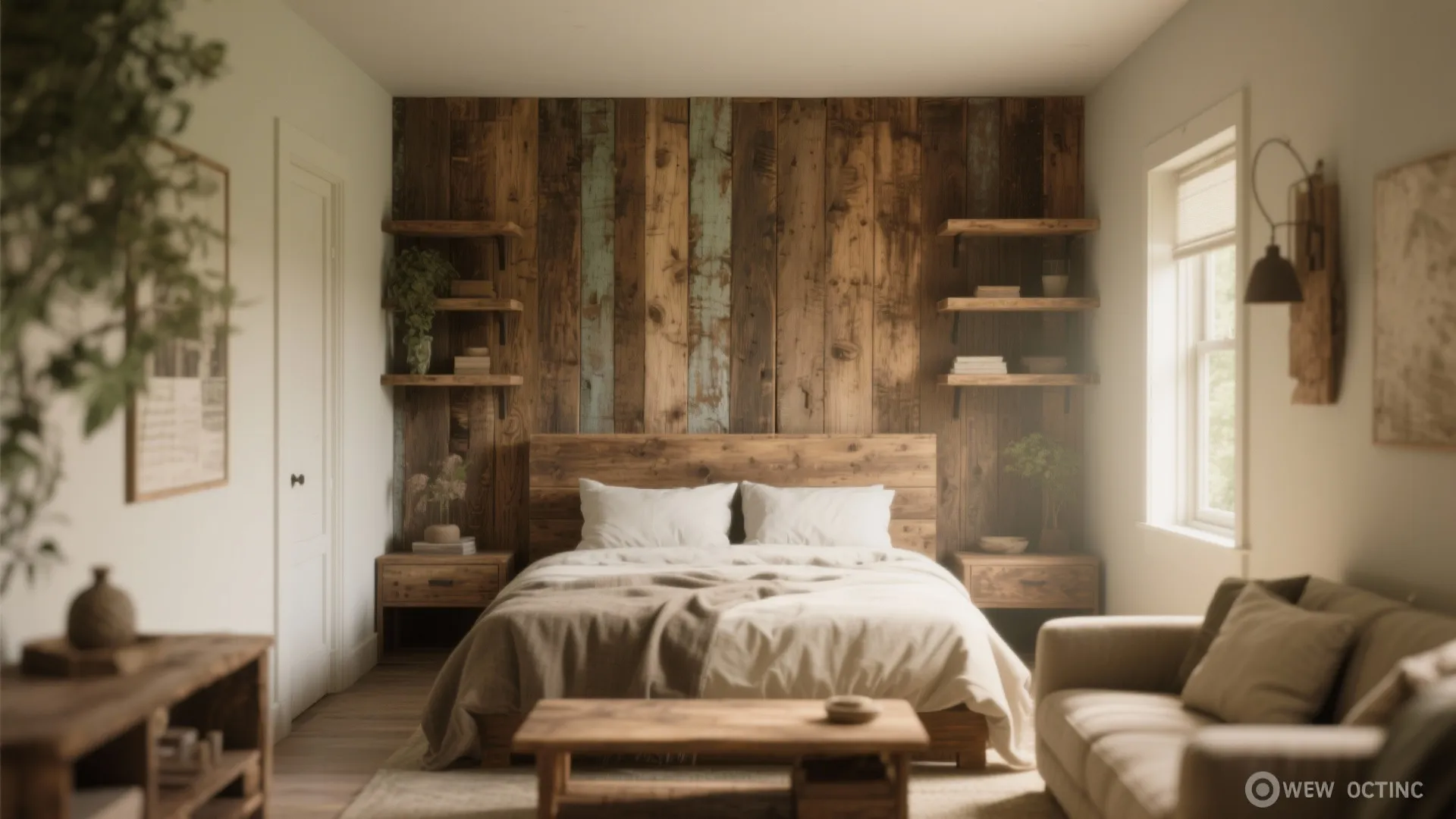 Small living nook with a single reclaimed wood focal wall, open shelves and warm textiles.