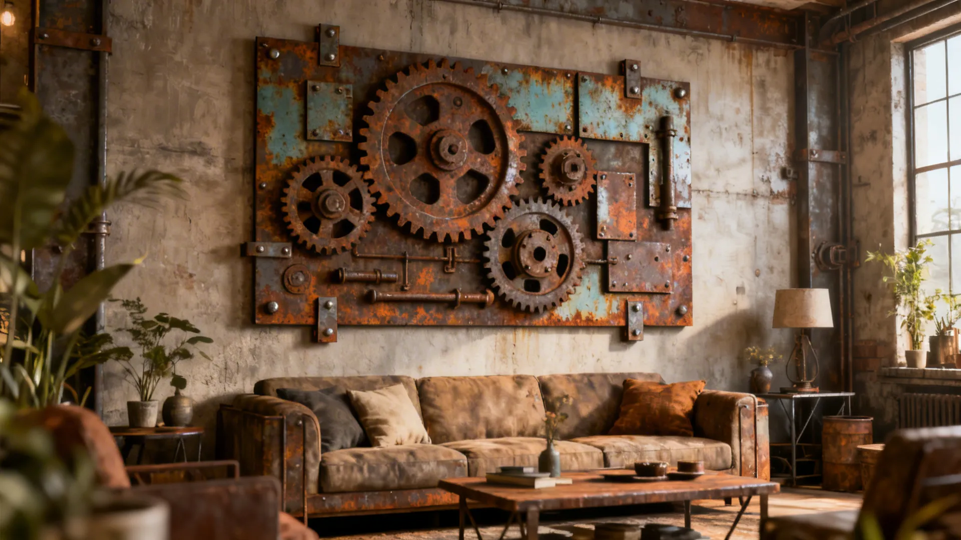 Eclectic living room wall with a reclaimed metal assemblage of vintage gears and patinaed elements.
