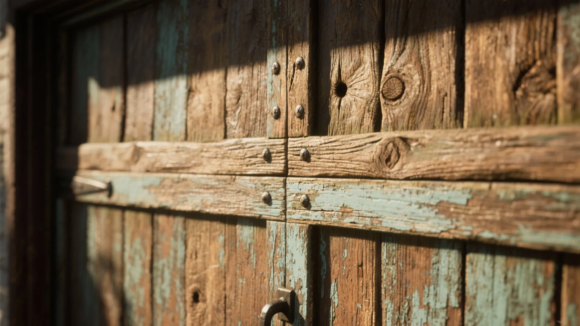 Close up of old weathered barn wood door with peeling blue paint and rustic metal handle