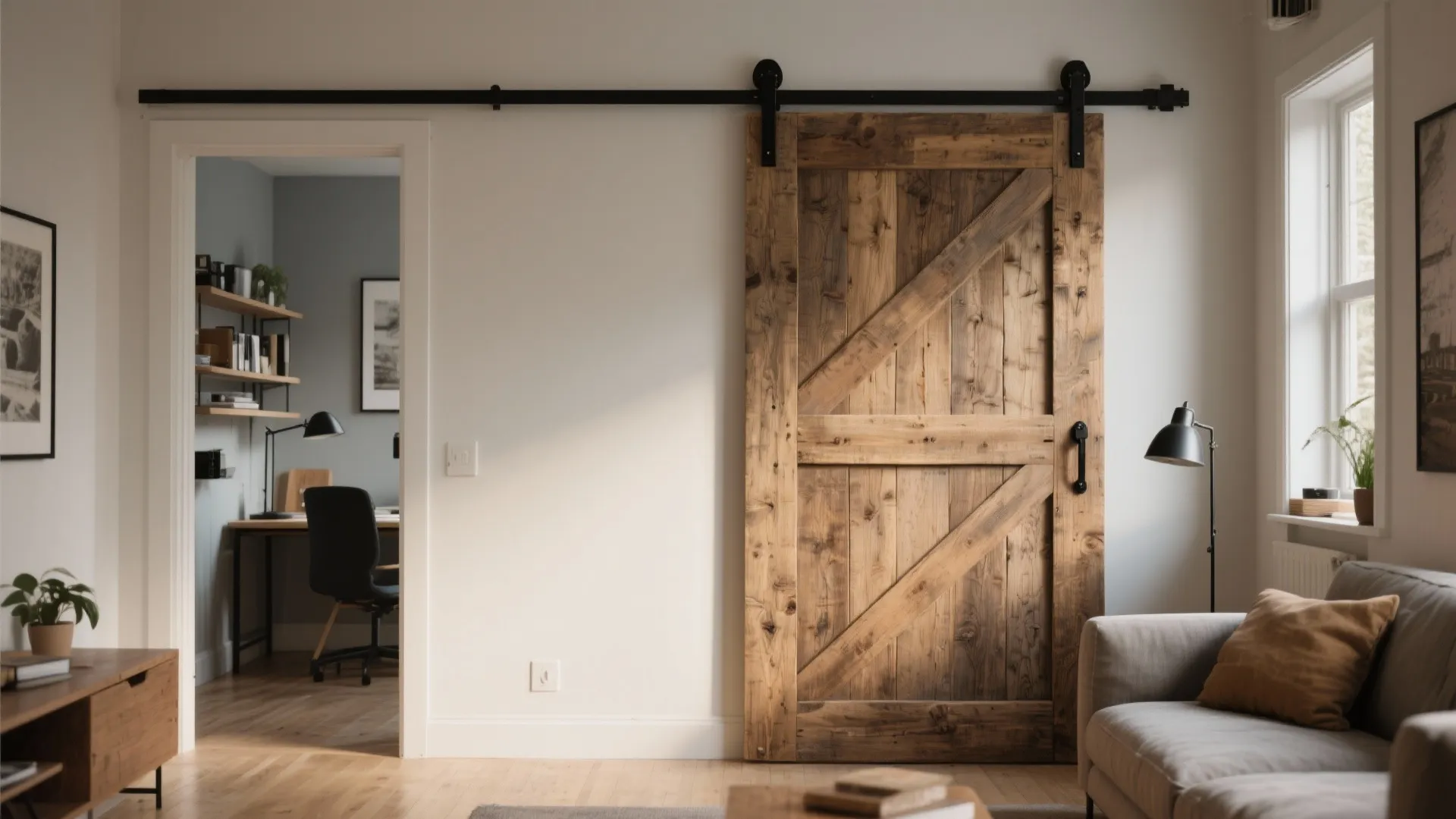 Rustic wooden sliding door on black track in a modern living room with grey sofa