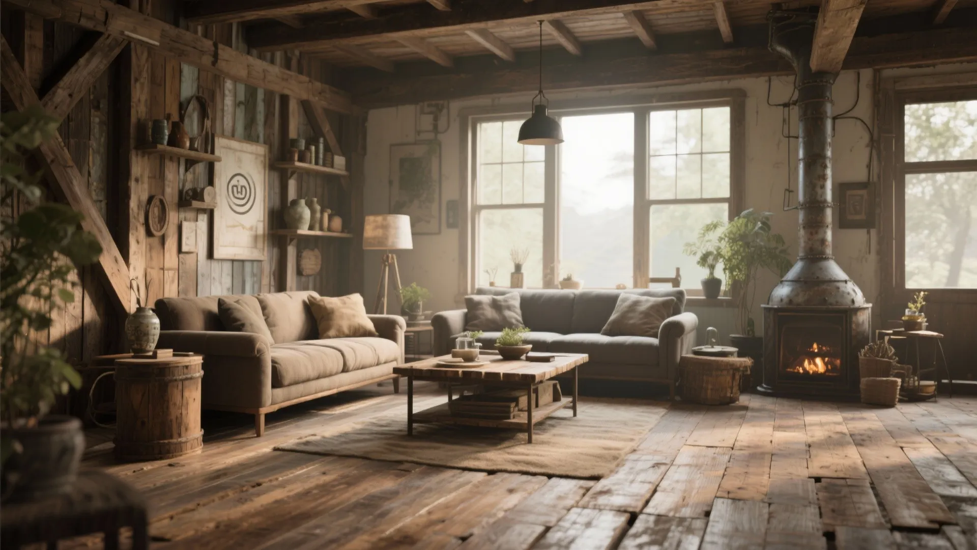 Living room with reclaimed barn wood flooring and warm vintage feel