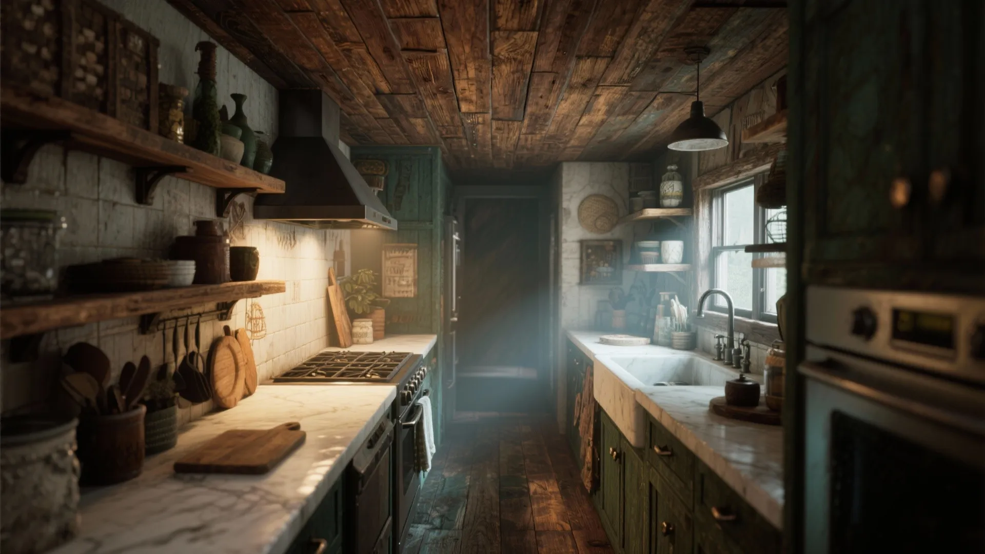 Small galley kitchen with dark reclaimed wood ceiling panels and green cabinets under soft natural light