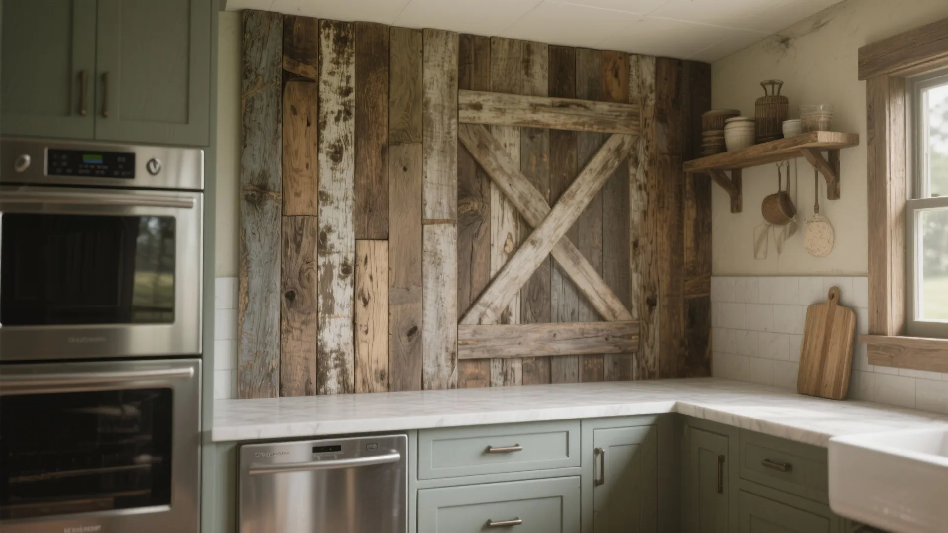 Rustic kitchen with green cabinets white marble countertop reclaimed wood wall panel and stainless steel oven