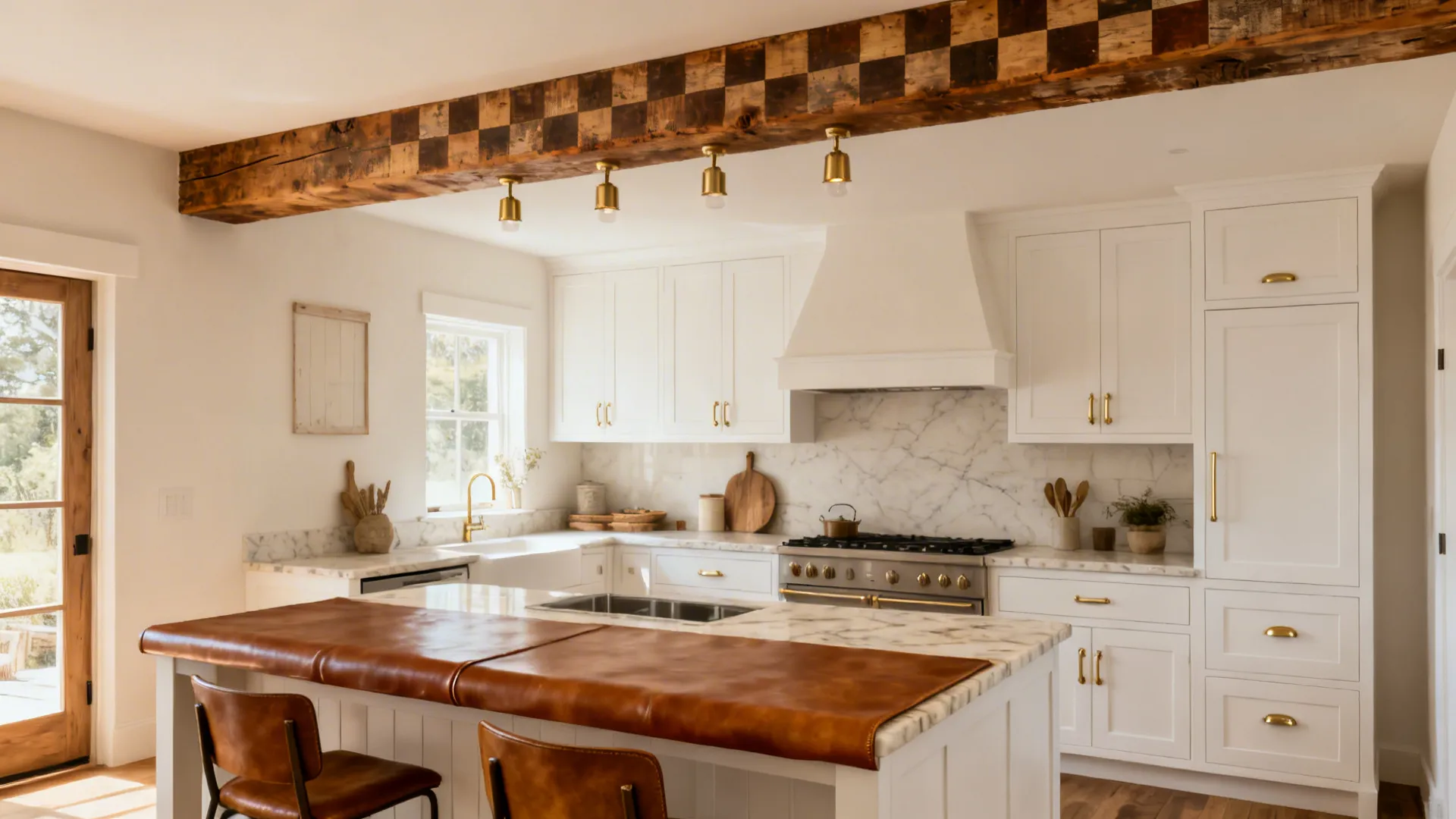 Cottage kitchen with a single reclaimed wood beam over the island and soft brass accents.