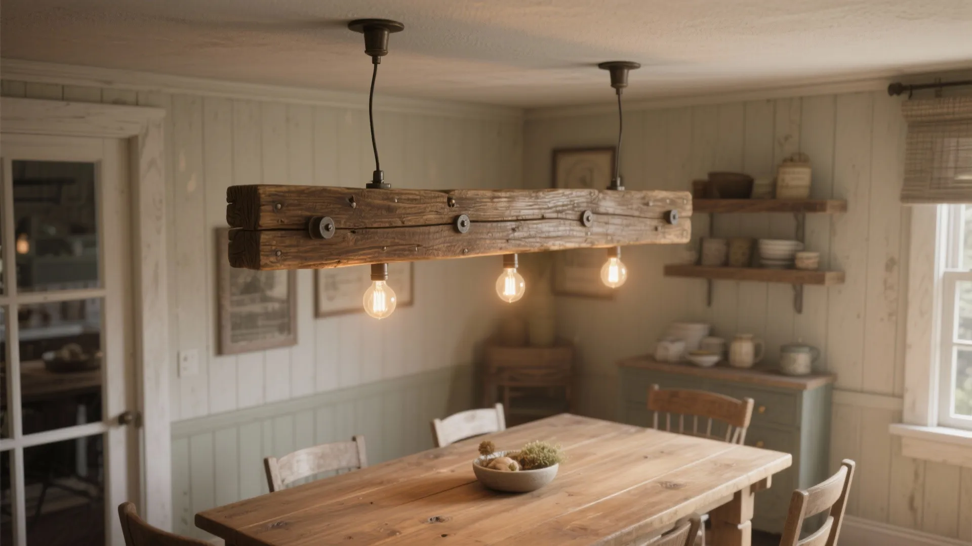 Rustic dining room featuring a wooden ceiling light hanging above a long solid wood table