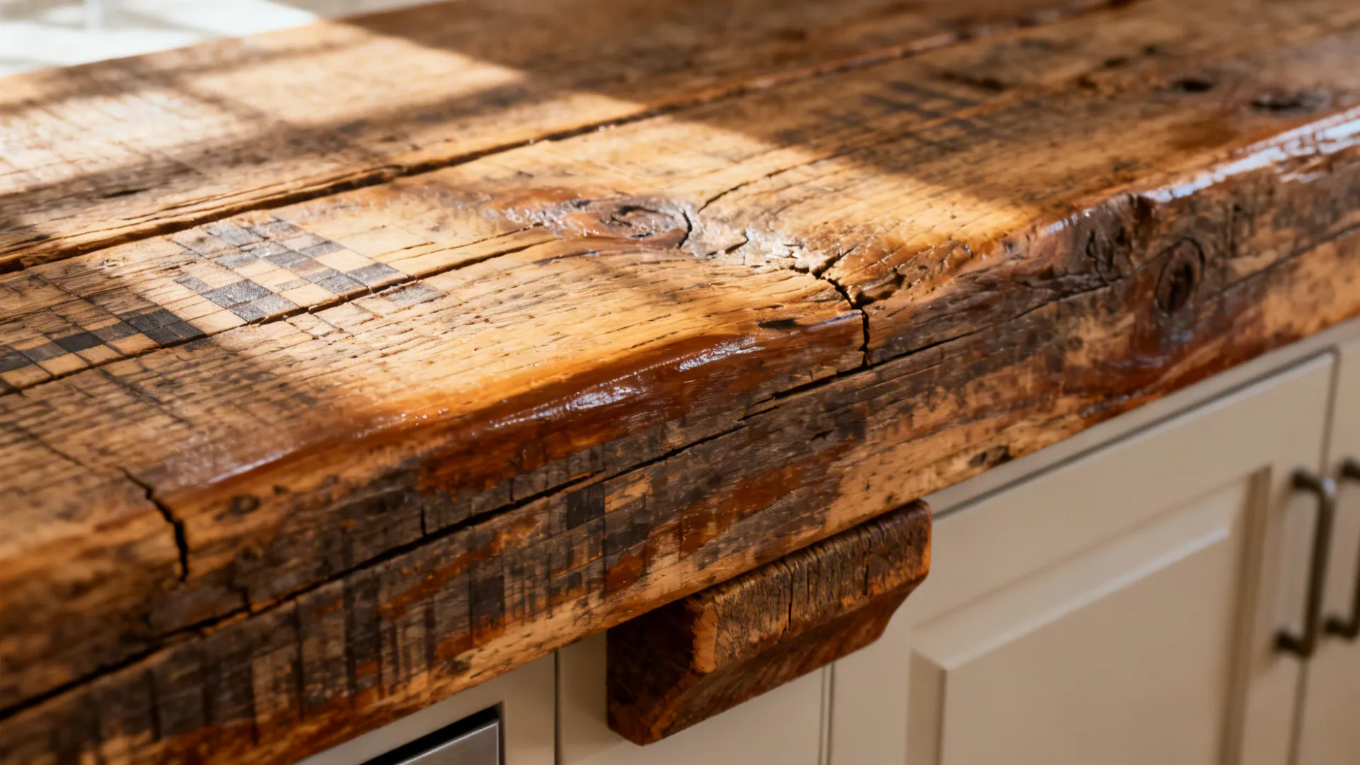 Close-up of a reclaimed wood beam with sealed patina and natural texture.