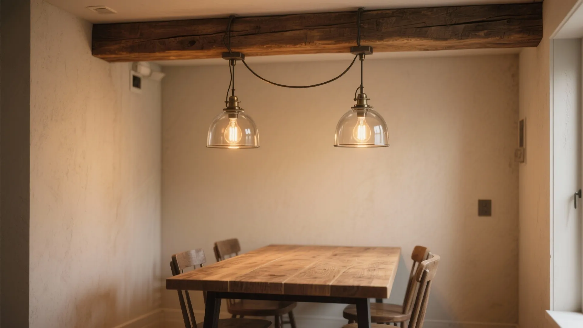 Small dining table under a reclaimed wood beam with two hanging glass-and-metal pendants and warm Edison bulbs
