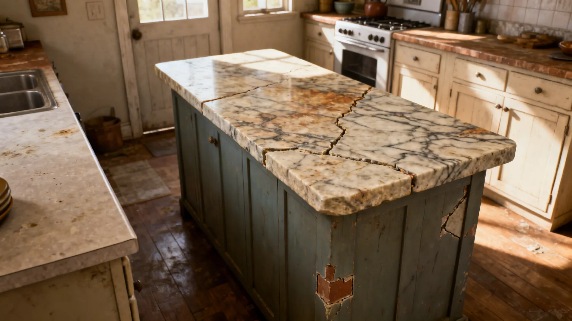 Before-and-after of a kitchen: old laminate replaced by a reclaimed stone island with natural veining.
