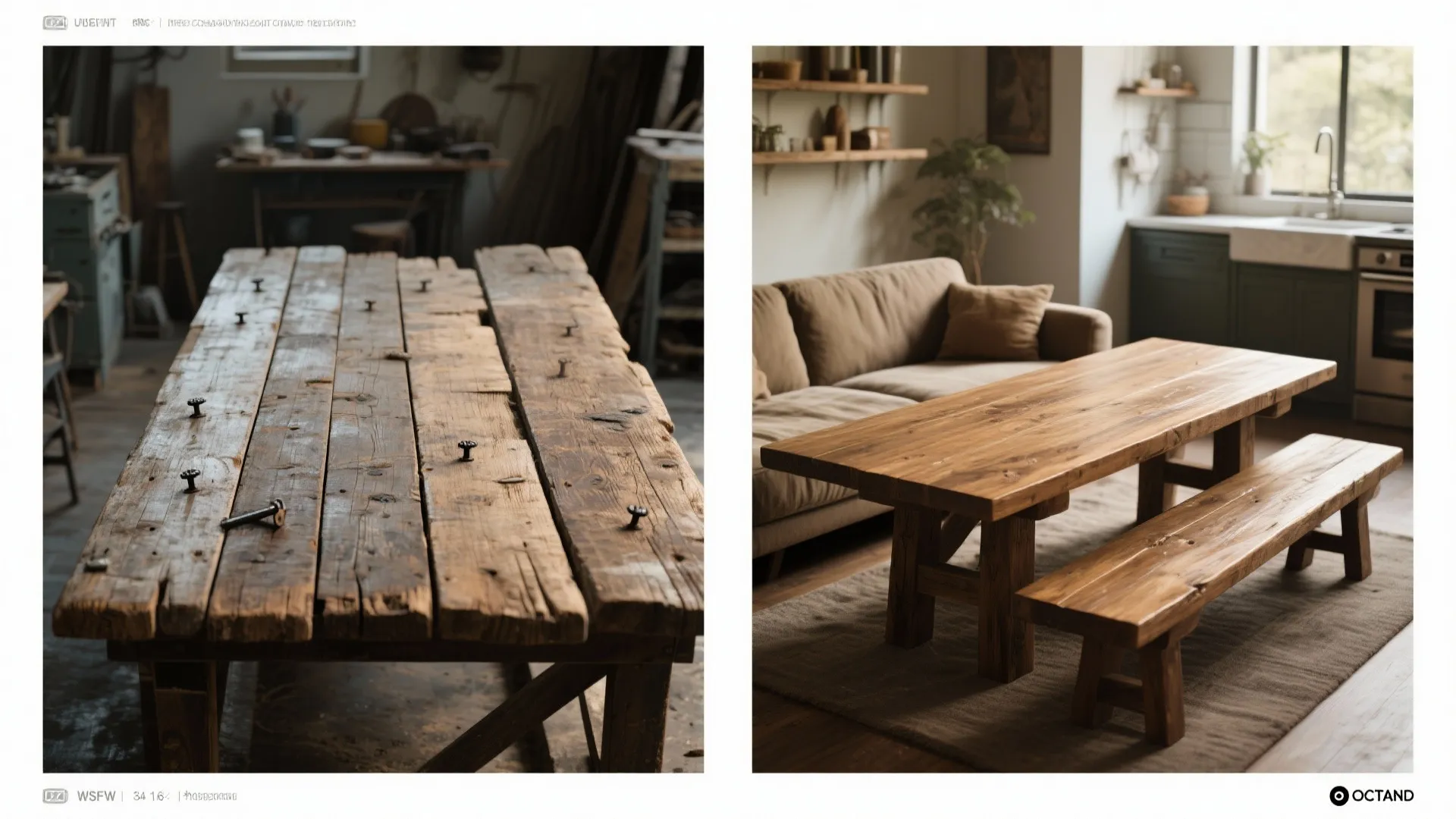 Before and after comparison of old reclaimed wood planks transformed into a clean dining table set