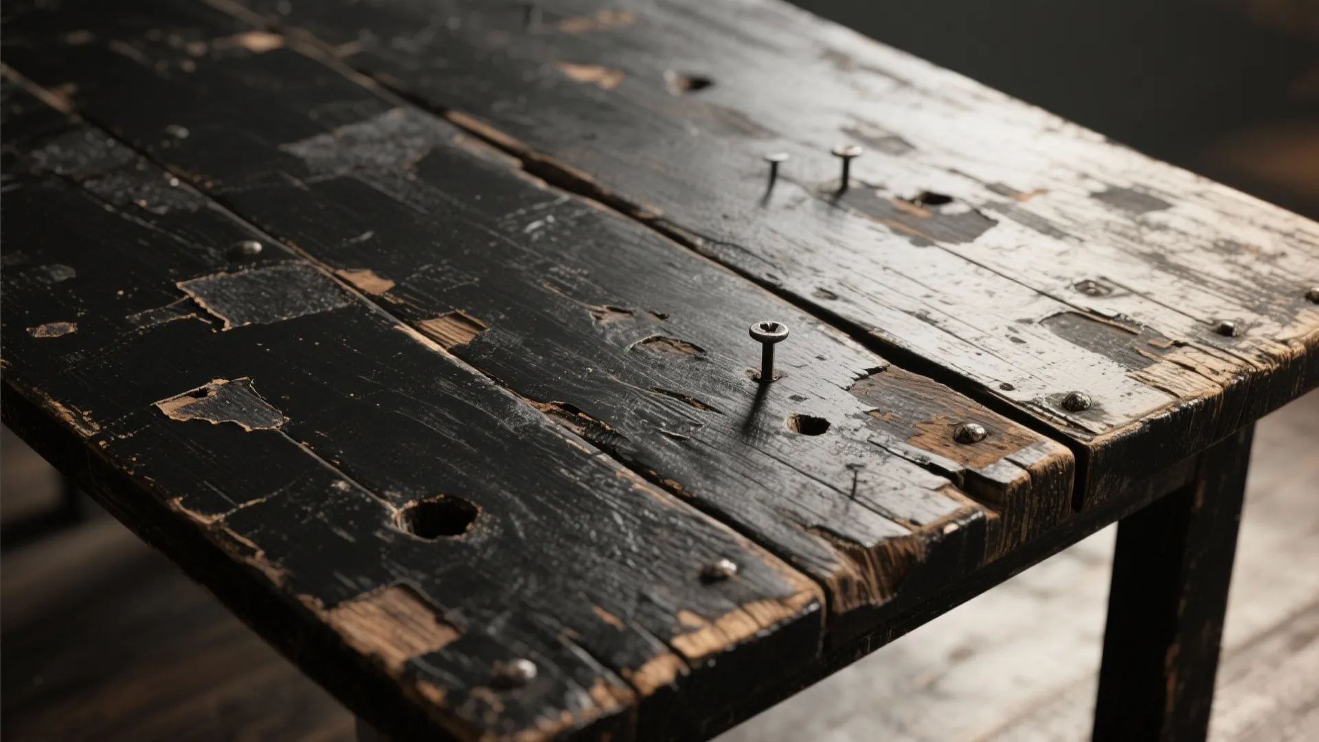 Close-up of distressed painted black reclaimed wood tabletop showing texture and repairs.