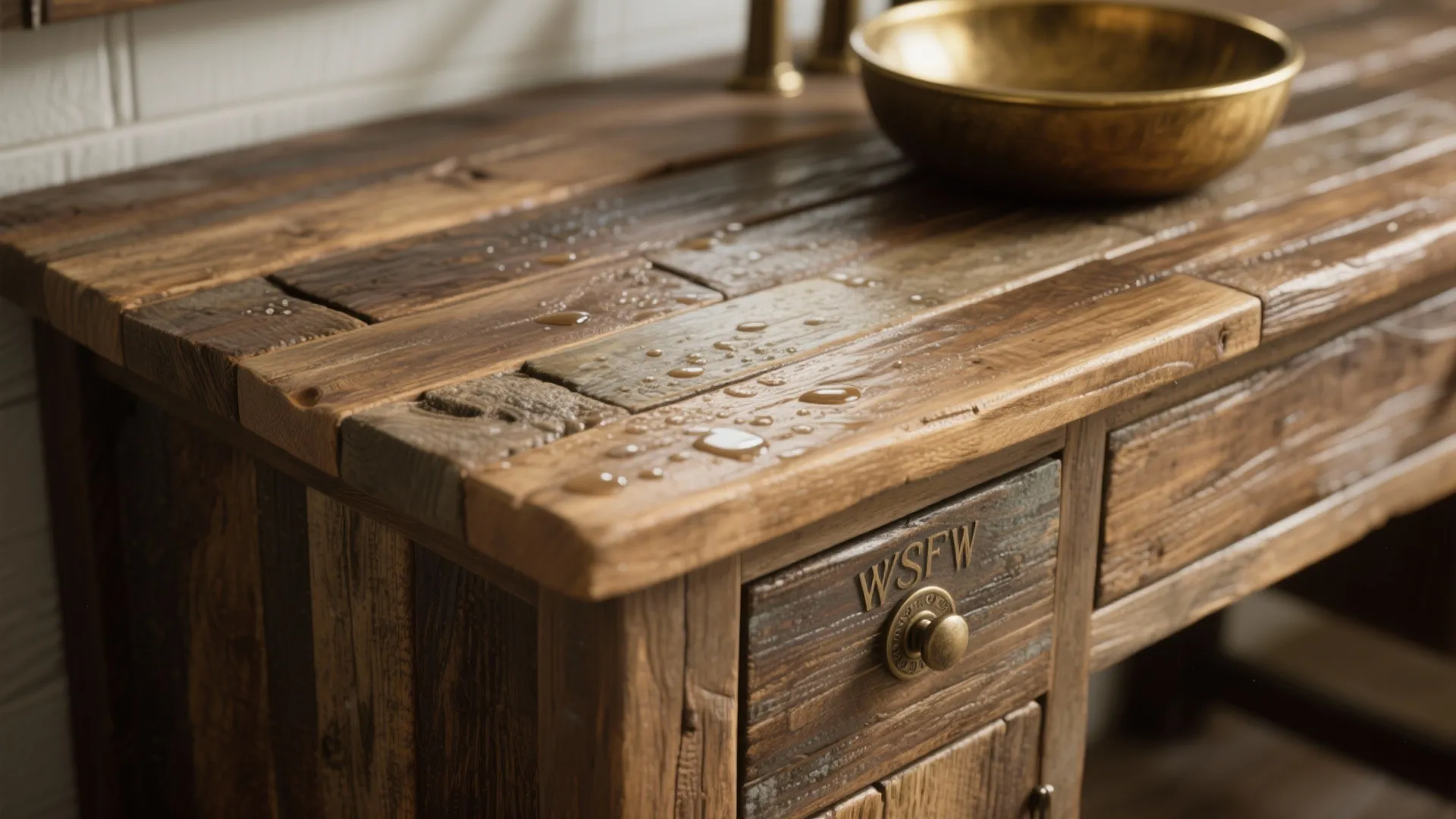 Close up of rustic wood cabinet with water drops on surface and a gold bowl
