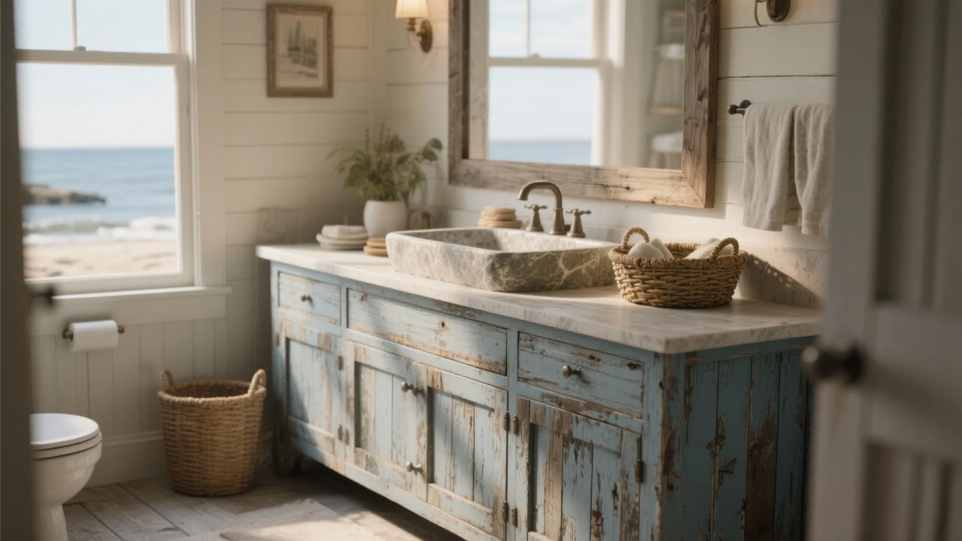 3. Weathered Blue-Grey Reclaimed Wood Vanity