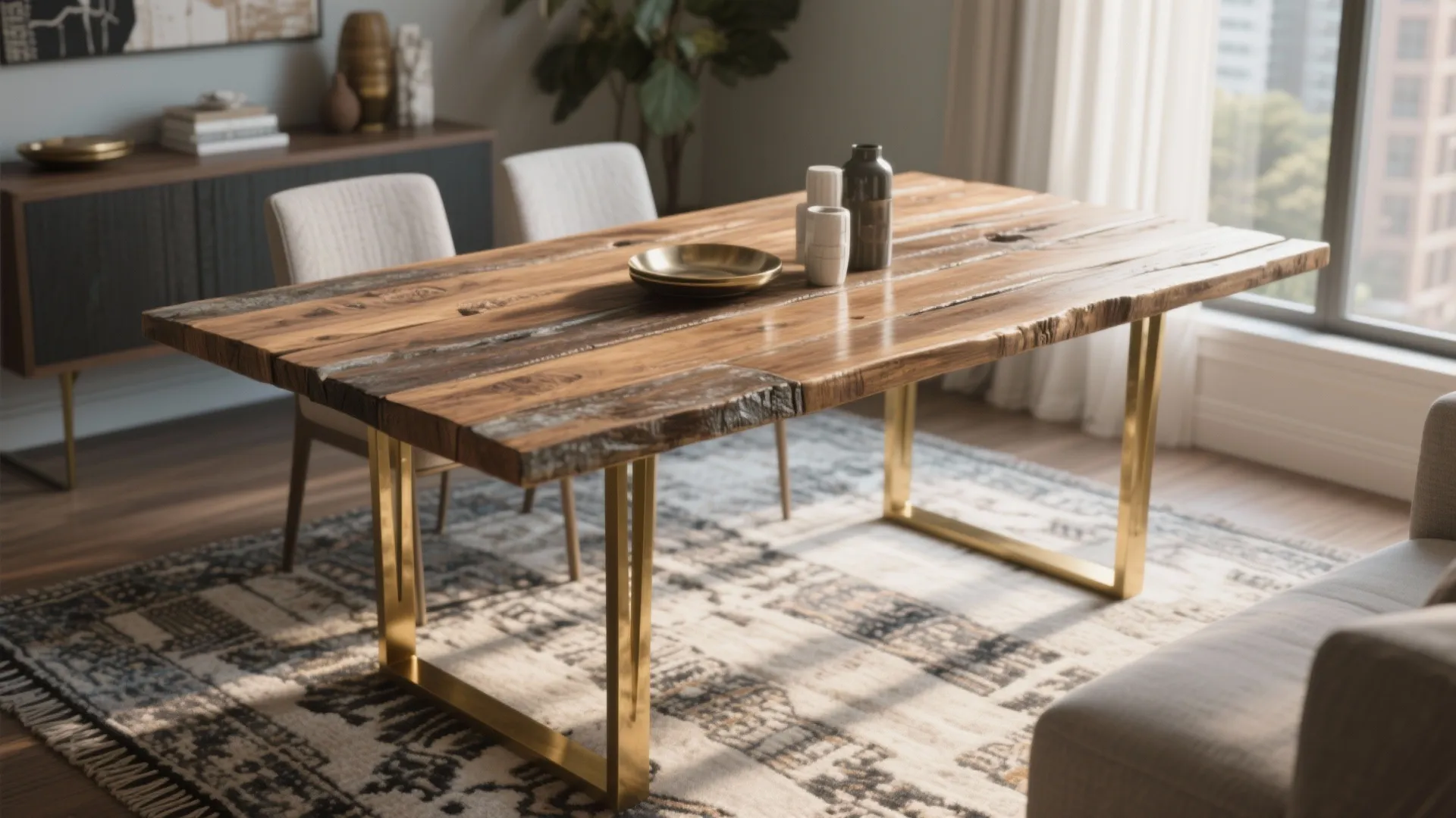 3. Reclaimed wood top + slim brass legs