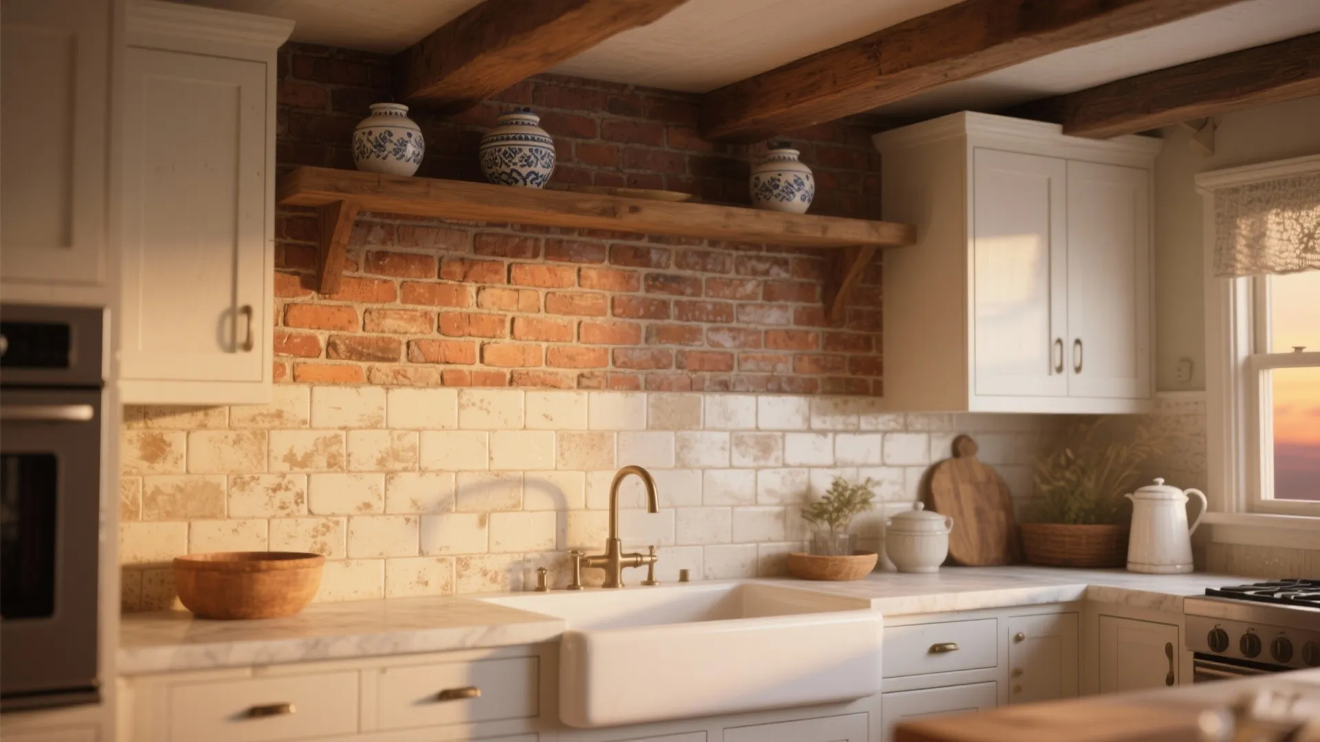 Warm reclaimed-look brick porcelain backsplash with pale grout paired with white cabinets and farmhouse sink.