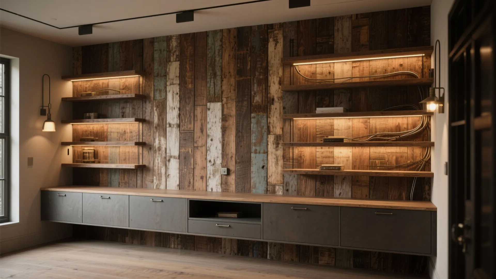 5. Reclaimed Wood Shiplap with Built-ins — Rustic and Functional