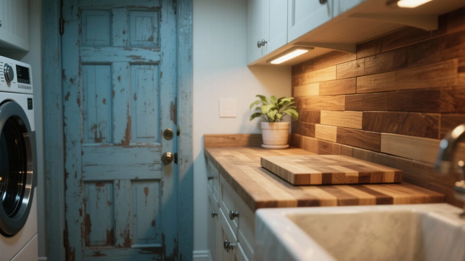 Laundry room with a wooden countertop white sink blue distressed door and a washing machine