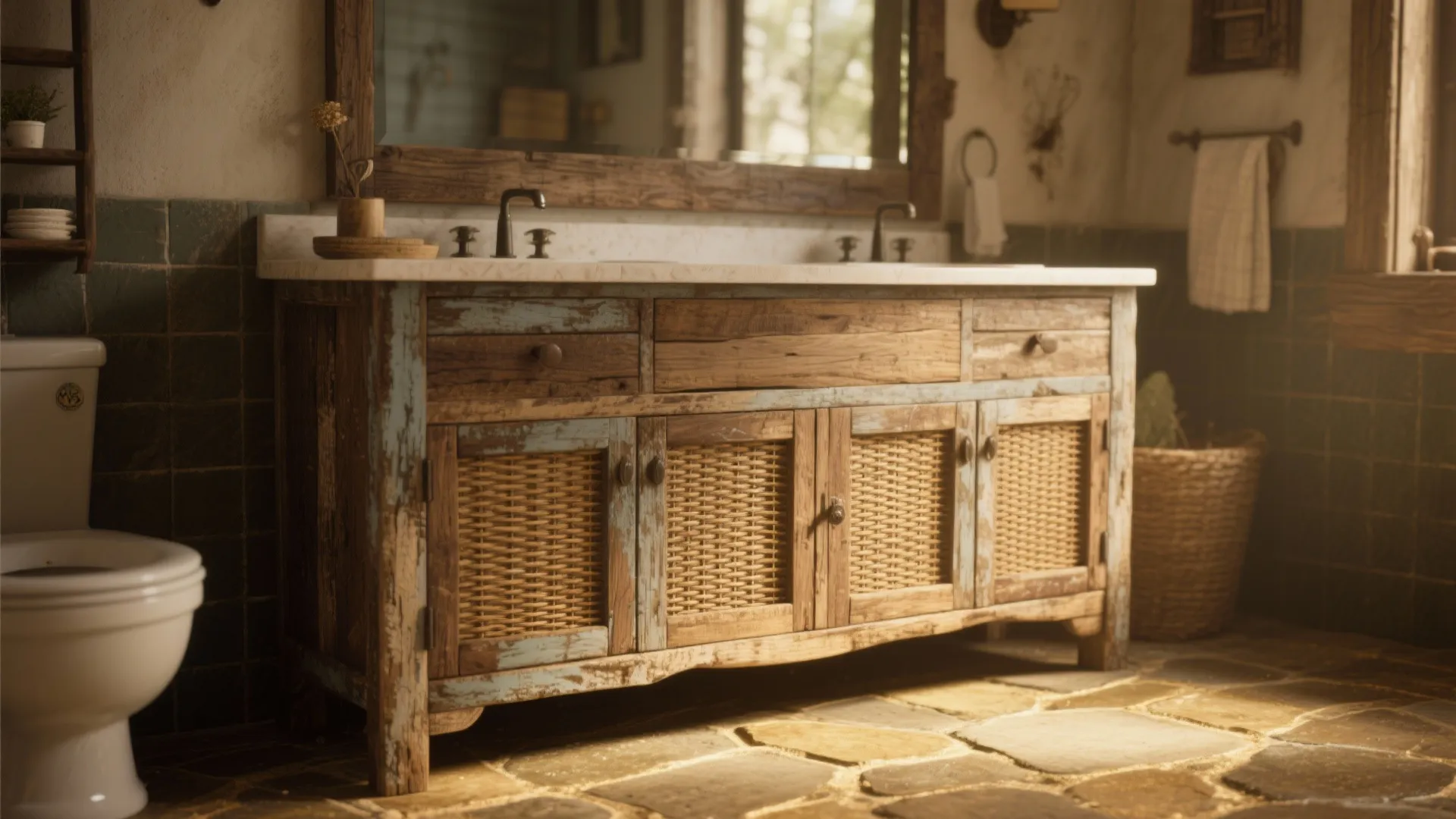 4. Reclaimed wood base with cane doors for rustic charm