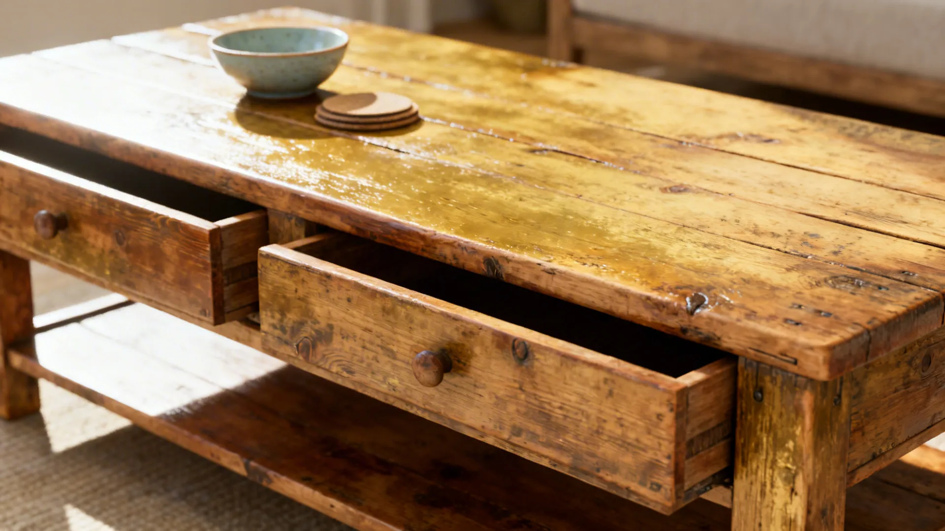 Close-up of reclaimed wood coffee table with drawers and visible grain