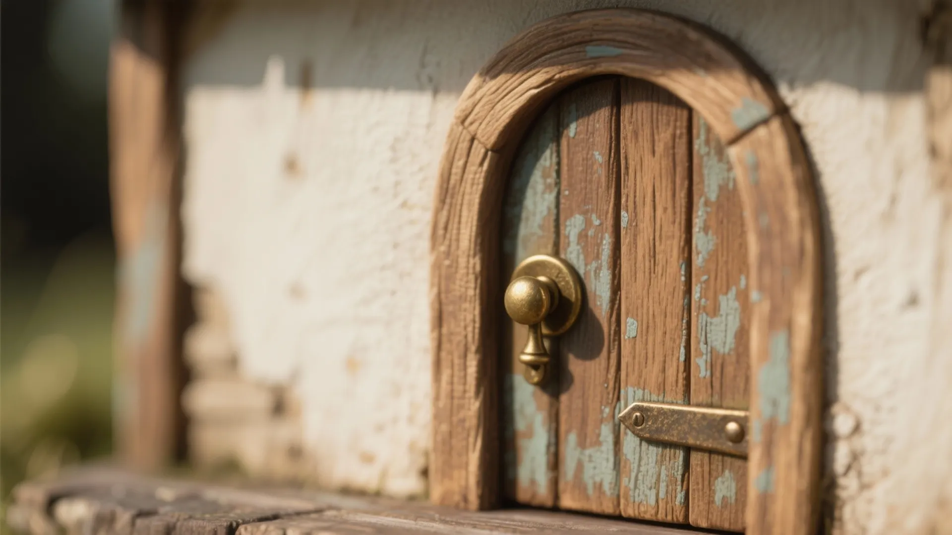 Small arched wooden door with peeling blue paint and metal handle on white textured wall