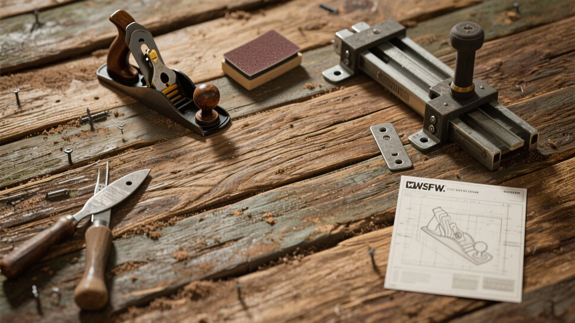 Woodworking tools including a hand plane and technical drawing placed on a rustic wooden workbench