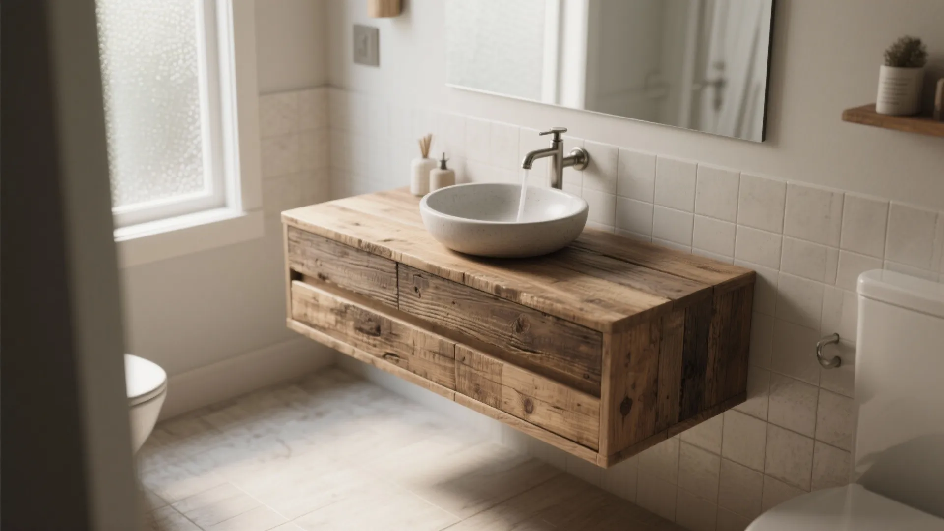Reclaimed wood floating vanity with vessel sink and matte finish in a small bathroom.