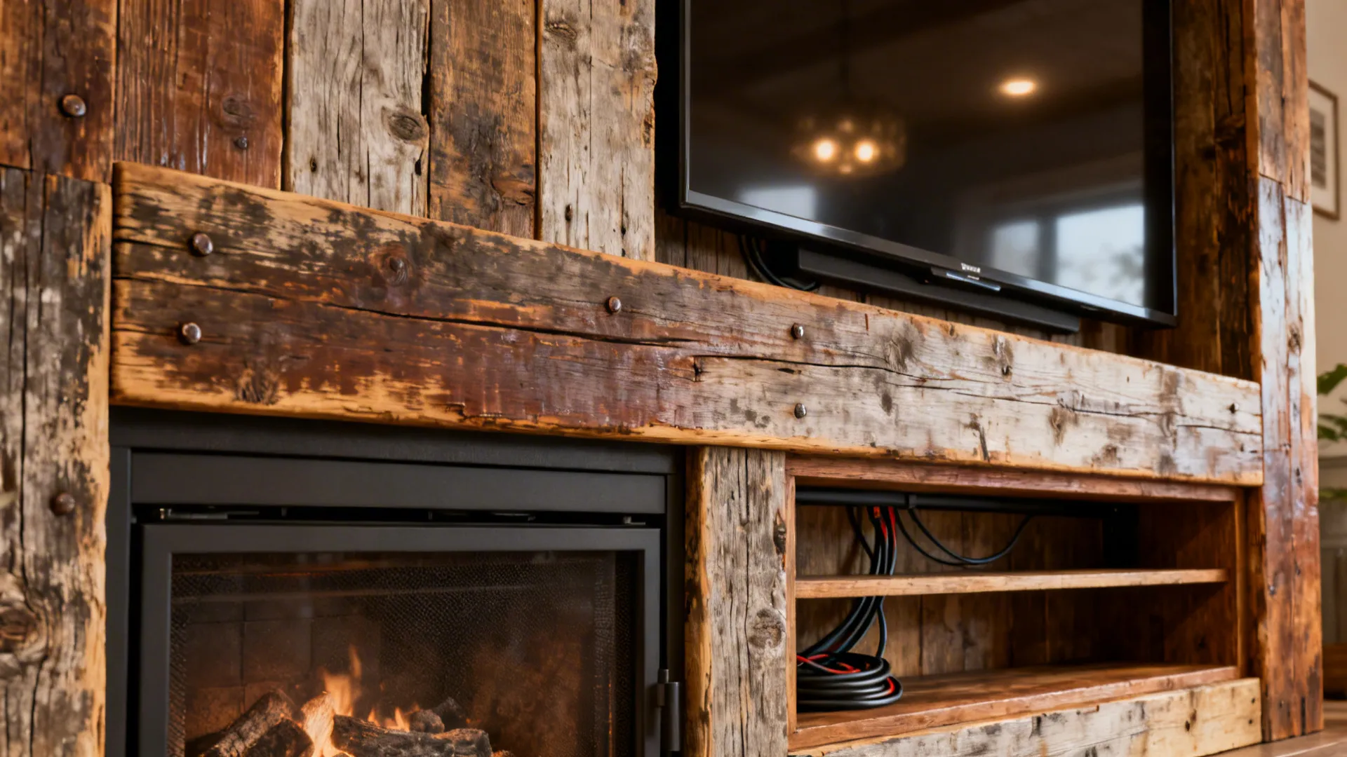 Reclaimed wood framed fireplace with weathered texture and concealed cables.