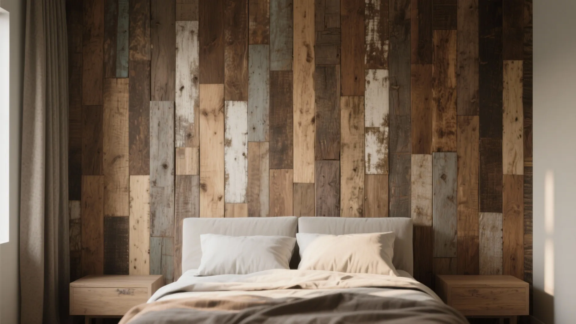 Modern bedroom featuring a full reclaimed wood wall behind a white bed with wooden nightstands
