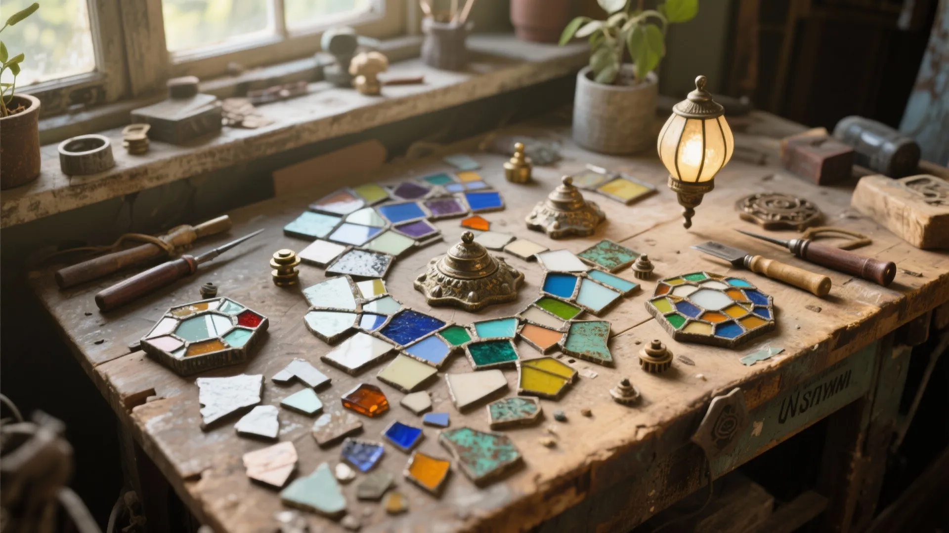 Wooden workbench covered with colorful glass pieces and hand tools used for making interior light fixtures