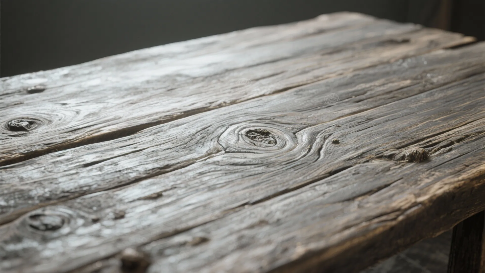 Close up view of weathered grey wood table surface showing natural knots and aged grain texture