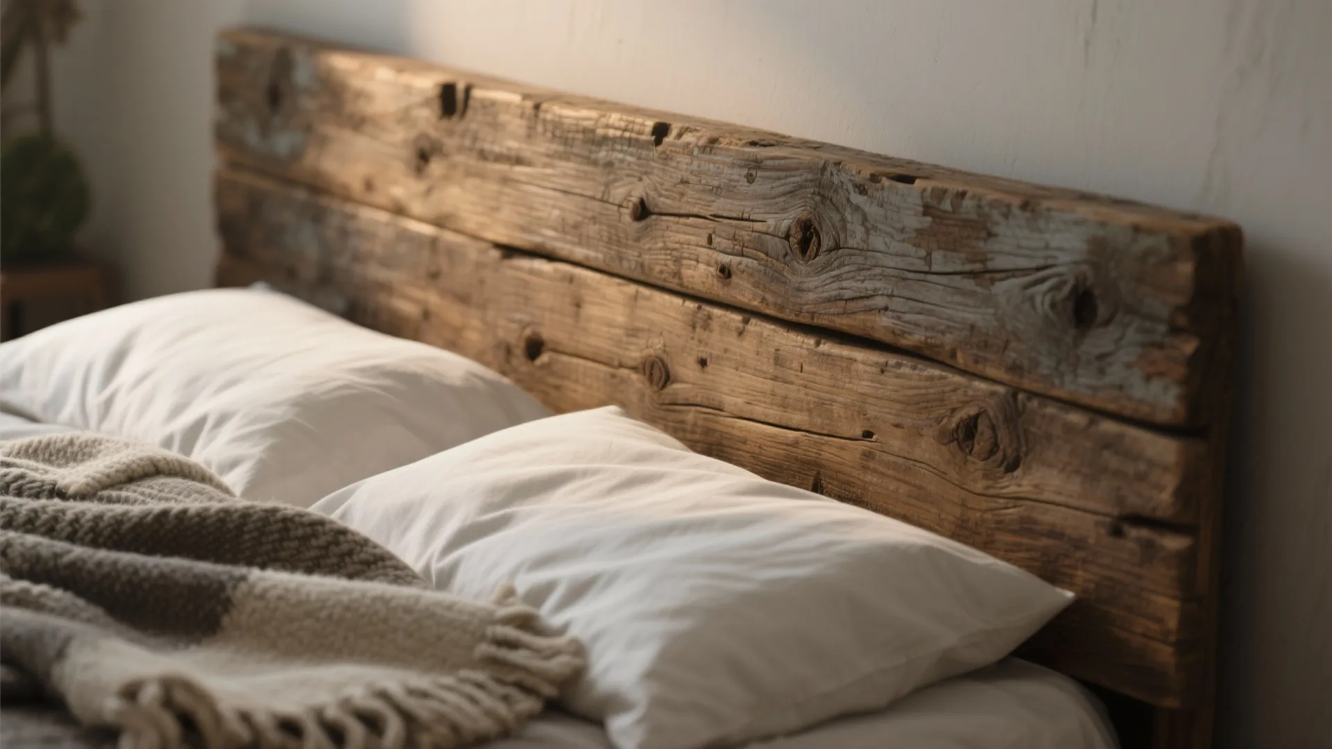 1. Reclaimed wood headboard with soft white linens
