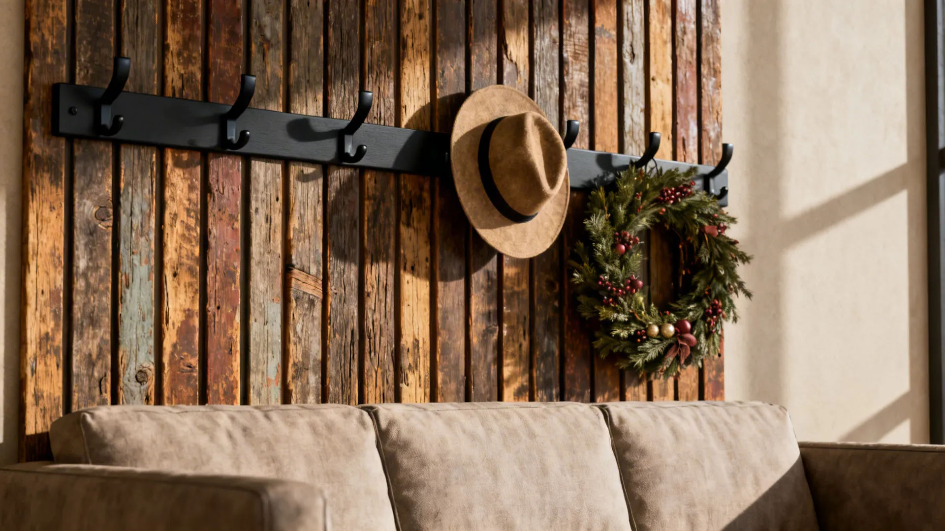 4. Reclaimed Wood Panels with Mounting Hooks