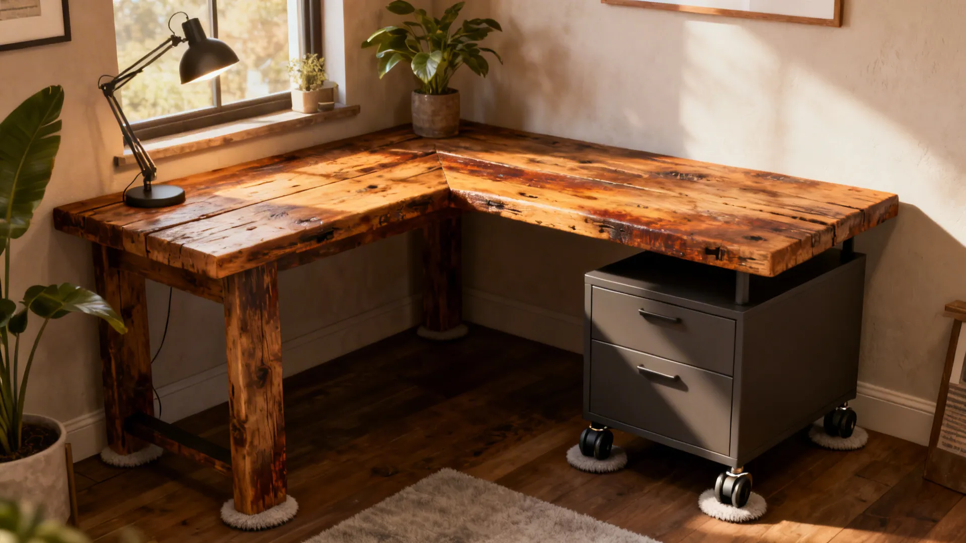 L-shaped reclaimed wood desk with mobile storage pedestal on casters and warm textured surface.