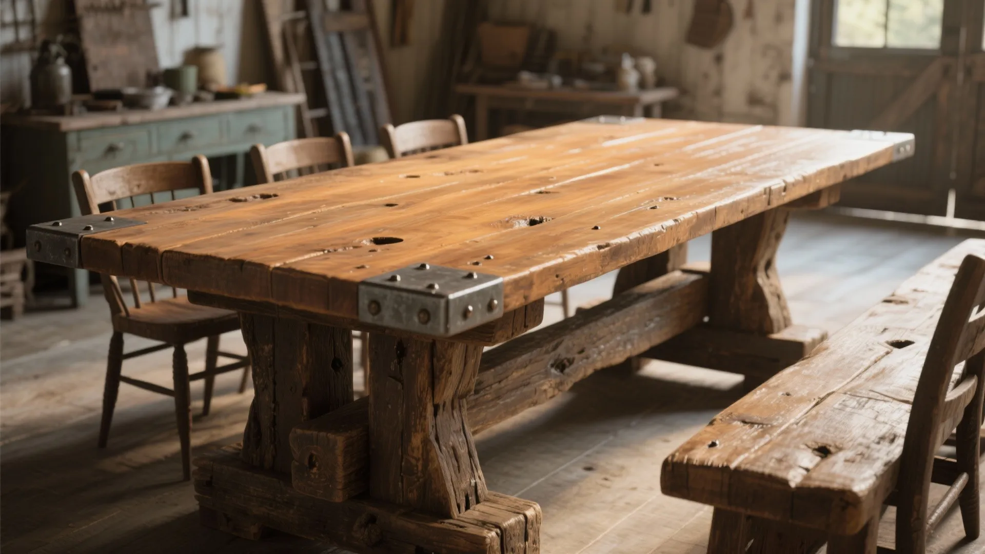 Large rustic wooden dining table with metal corner plates and matching bench in sunny workshop
