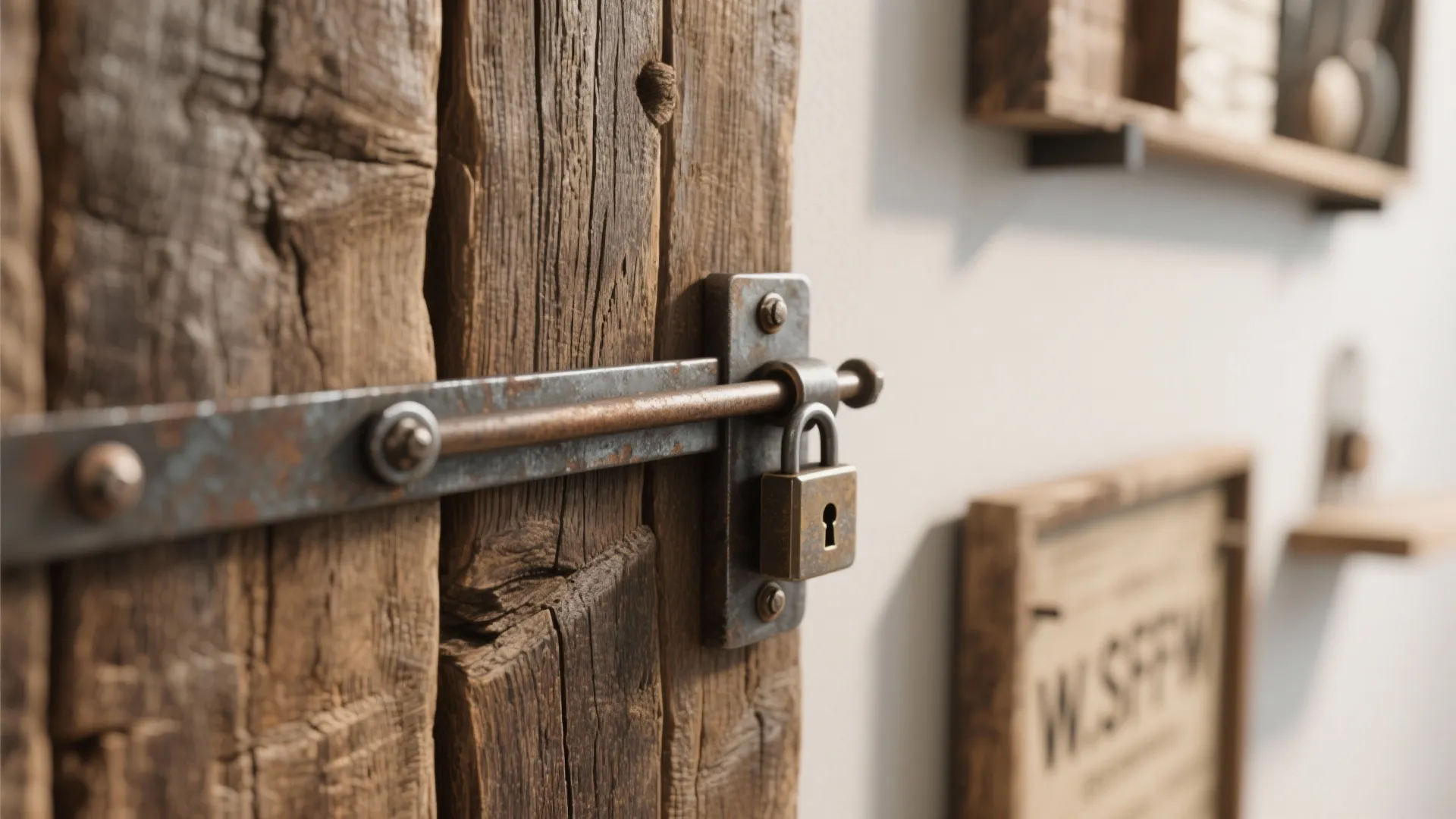 Close up of a metal lock on a rustic wood door with blurry background shelves