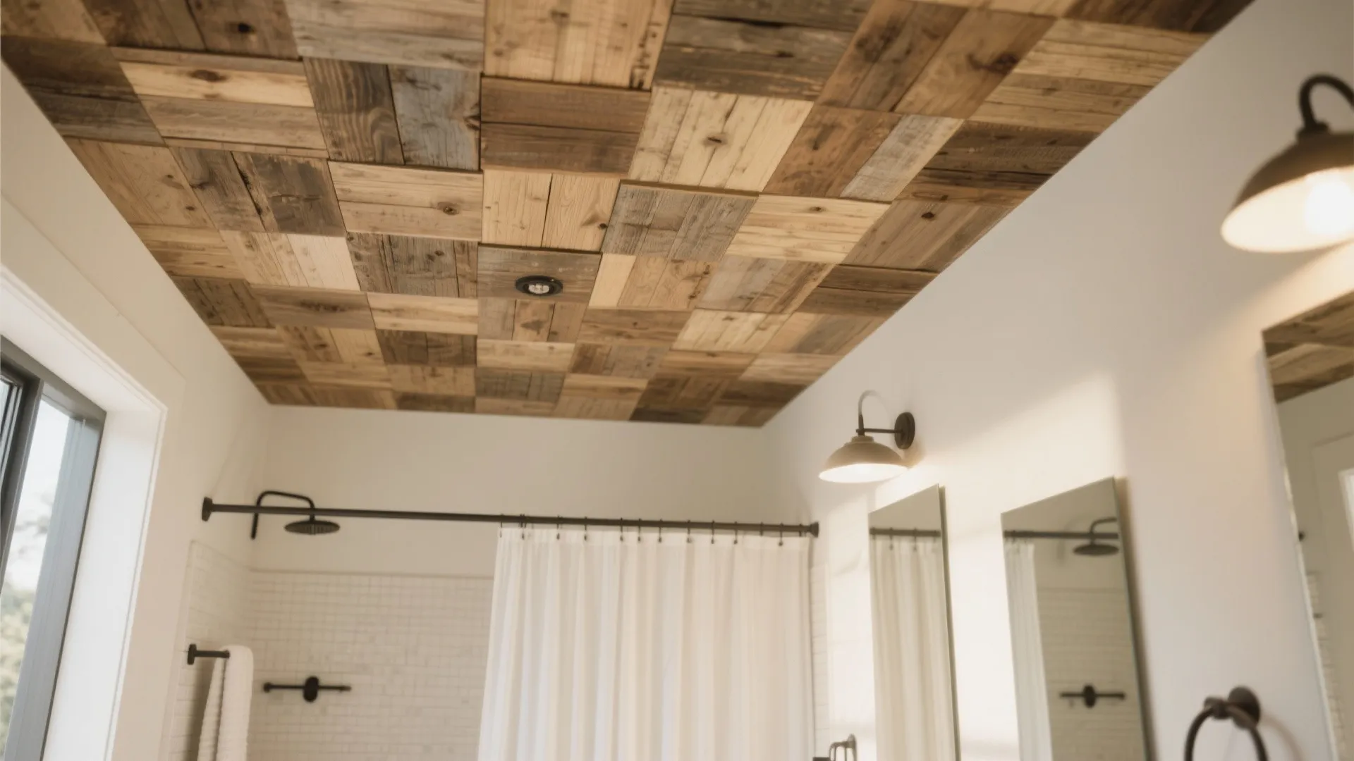 Modern bathroom featuring a rustic wood panel ceiling with white walls and a shower area