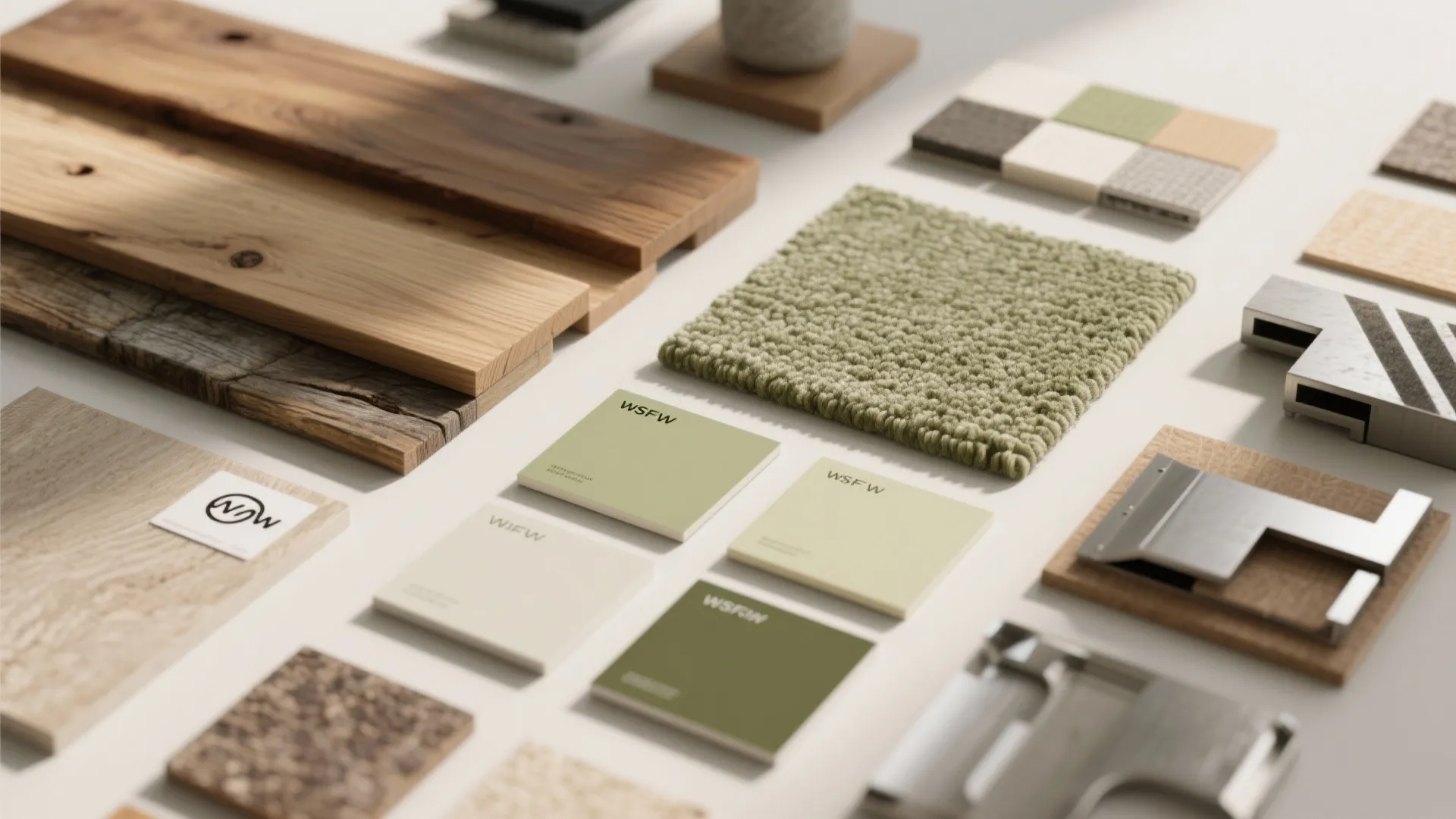 Interior design material board with wood planks green carpet squares color swatches and metal hardware