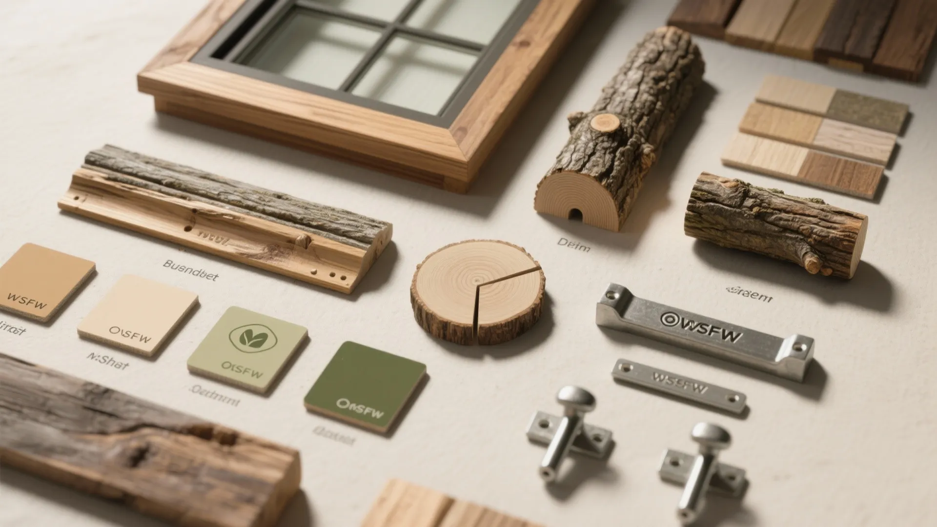 Collection of building materials including wood samples windows and metal parts for a log house project