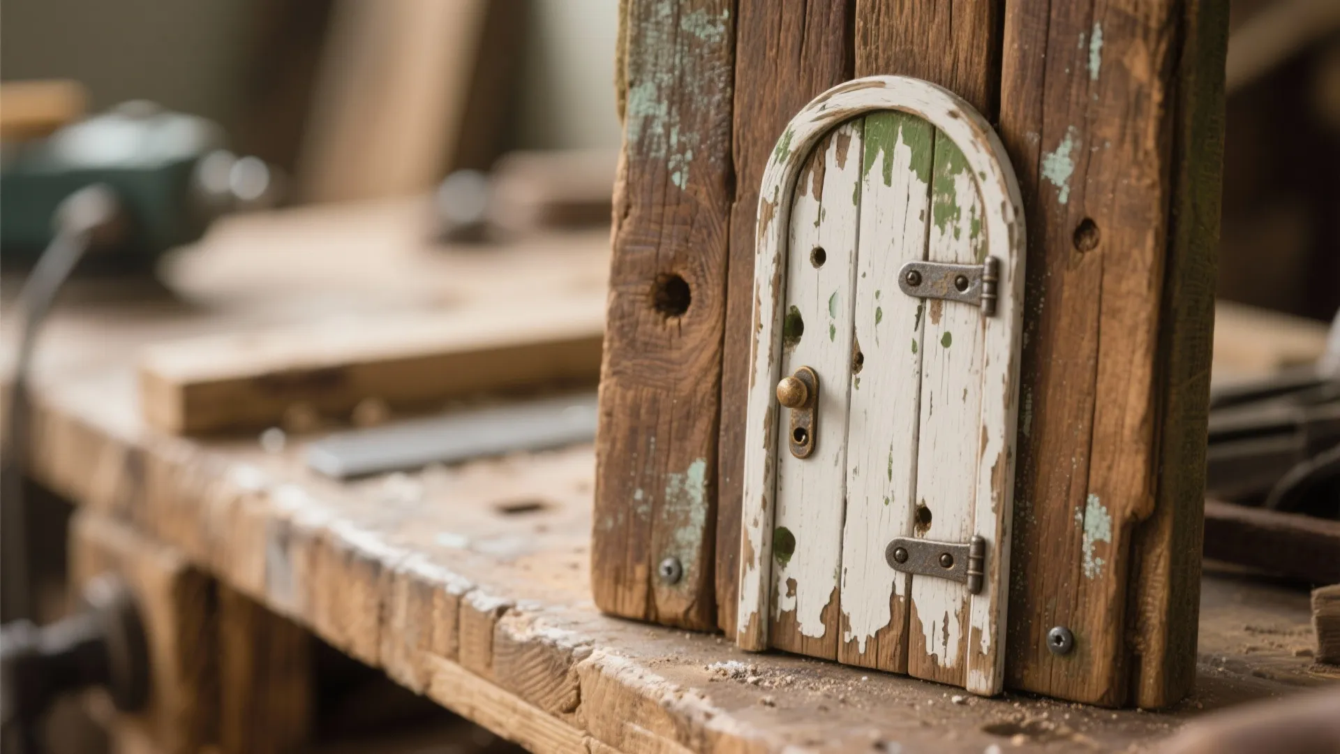 Small white wooden door with rustic metal hinges sitting on a wooden workbench in workshop