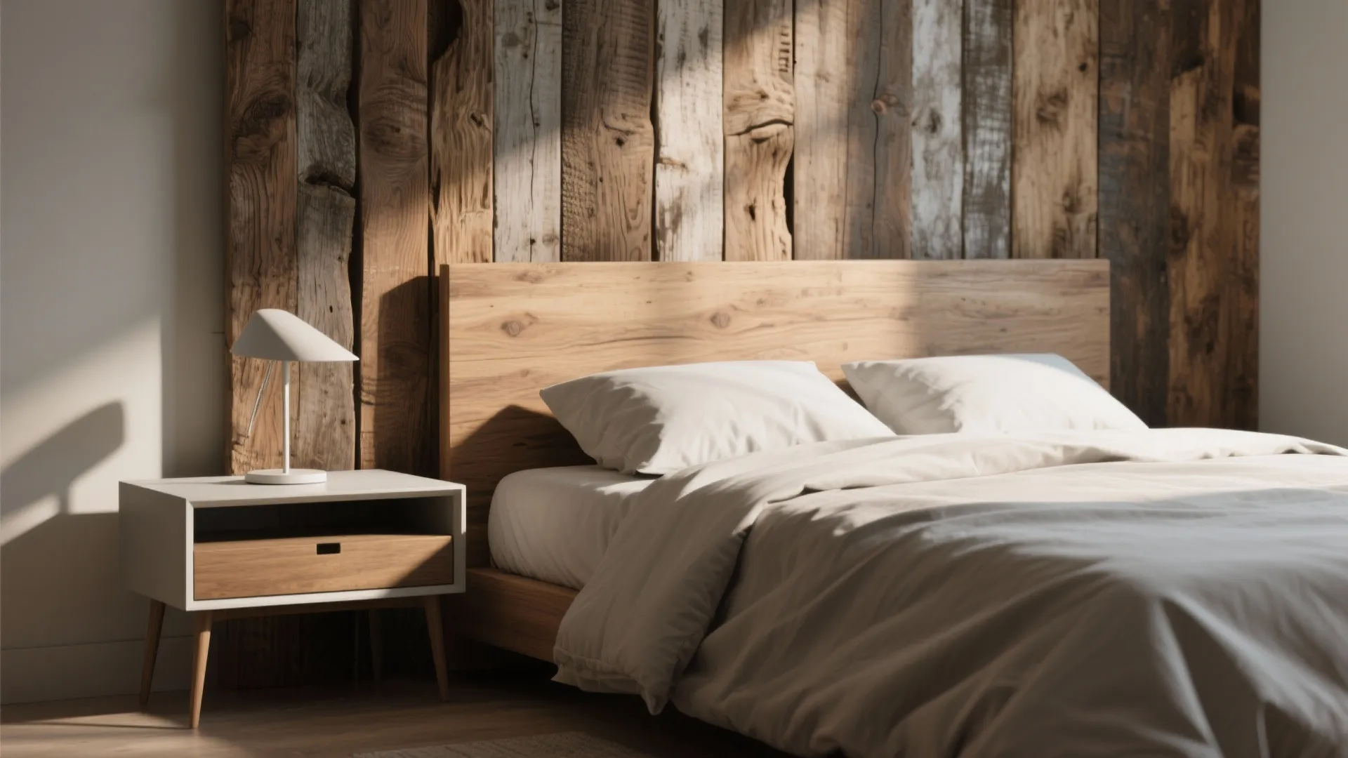 Wooden bed with white bedding next to white nightstand and rustic wood wall panel decoration
