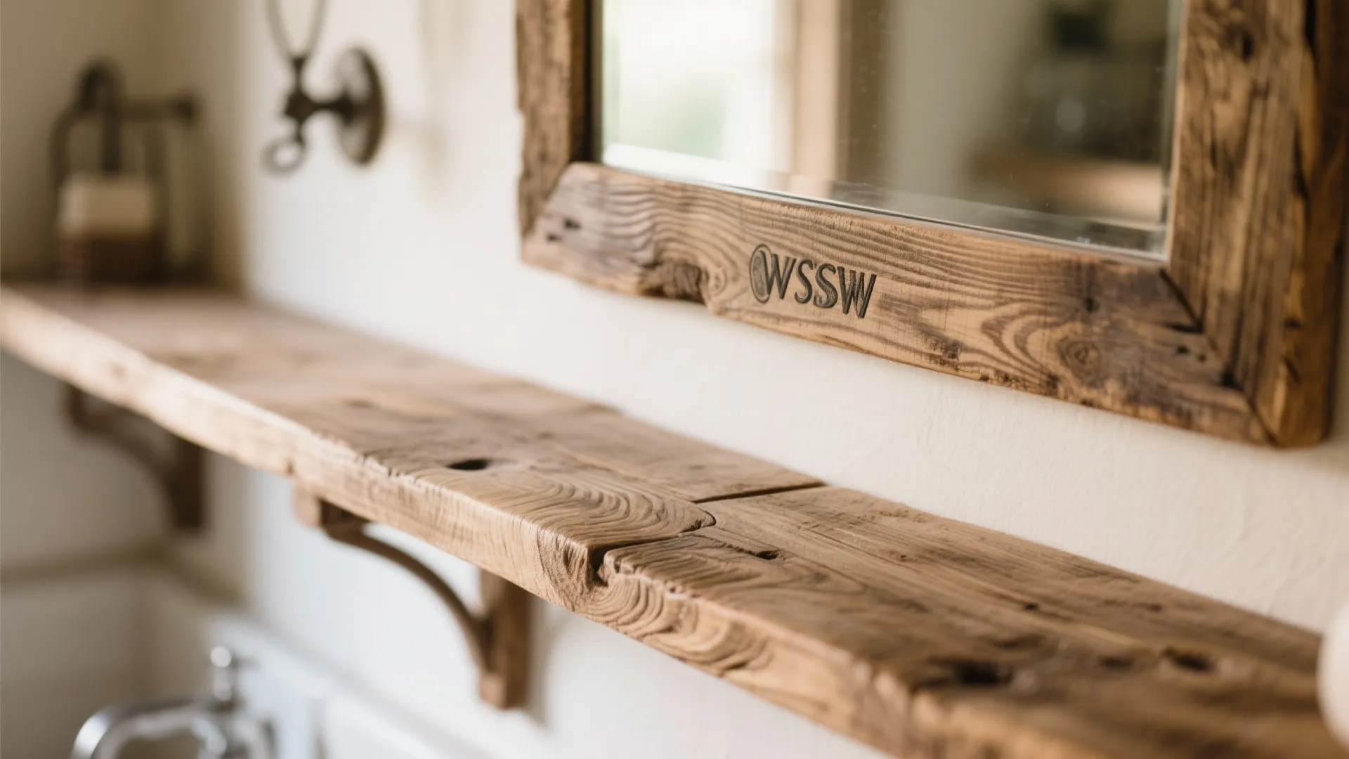Close up of rustic wooden wall shelf and matching mirror with wooden frame on white wall