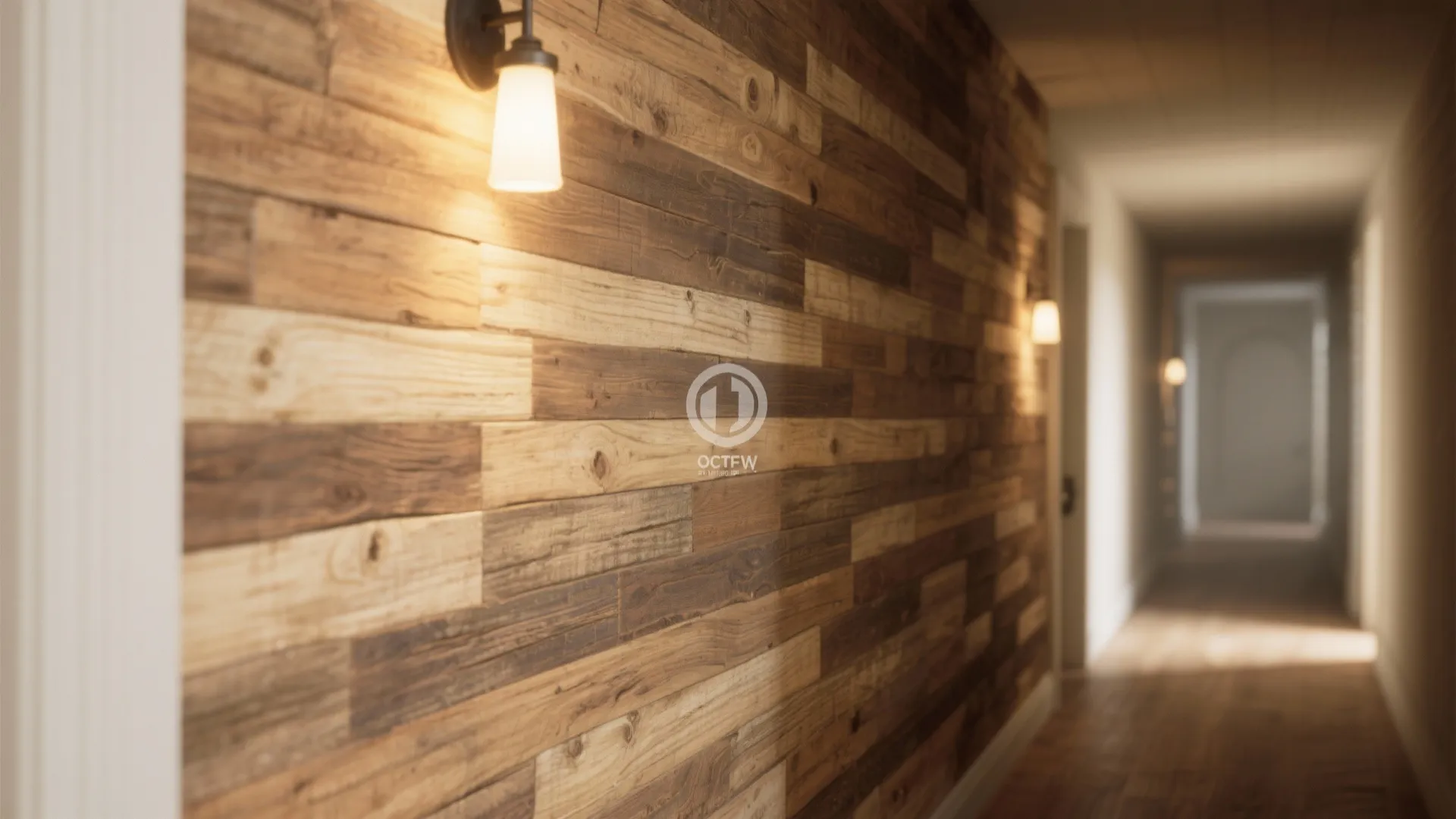 Long hallway featuring a rustic reclaimed wood wall panel and warm light fixture on wall